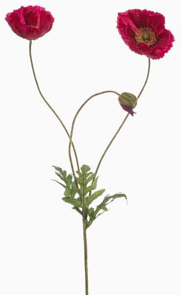 Künstliche Girlande mit grünen Blättern und einer kleinen rosa Blüte an einem braunen Stiel.