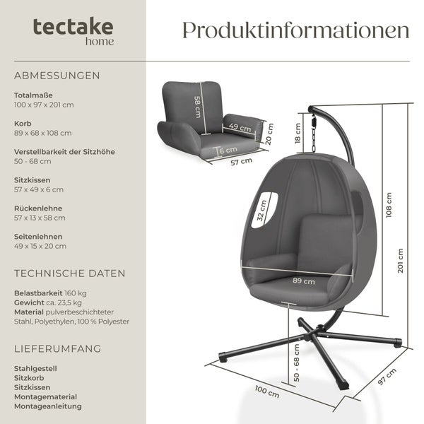 Hängesessel von tectake home mit Gestell und Kissen. Produktinformationen mit Maßen für Korb, Kissen und Stahlrahmen sowie technische Daten.