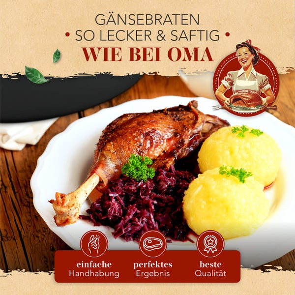 KRUSTENZAUBER 38cm Gusseisen Bräter mit Deckel backofengeeignet inkl. Geflügelschere - 9kg Gänsebräter - Idealer Topf XXL, Schmortopf Bratentopf, Induktion, Gusseisenpfanne