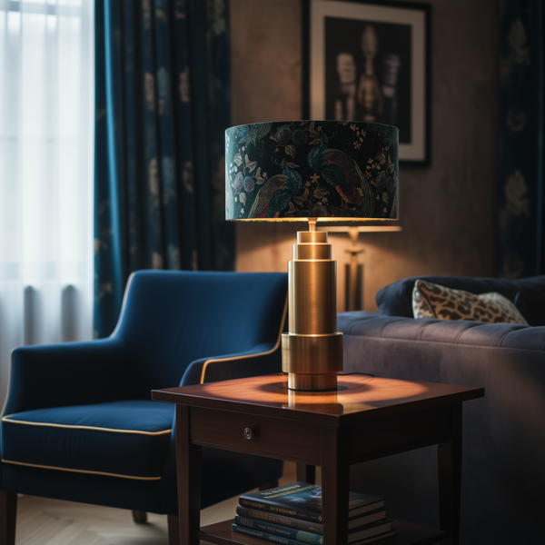 Szene mit einer dekorativen Tischlampe mit goldenem Lampenfuß und gemustertem Lampenschirm auf einem Beistelltisch, einem Sessel und einem Sofa