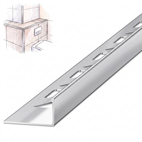 Fliesenschiene aus Metall für saubere Kantenabschlüsse bei Fliesenarbeiten mit Anwendungsbeispiel einer gefliesten Vorwandinstallation