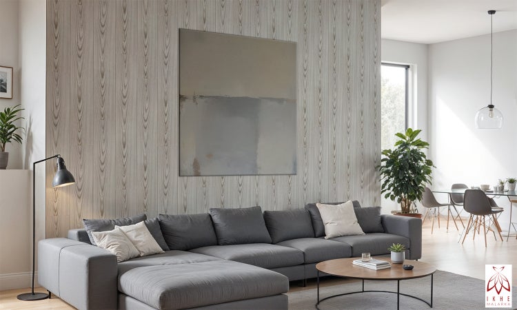 Modernes Wohnzimmer mit Wandpaneelen in Holzoptik, grauem Sofa und abstraktem Bild. Heller, offener Raum mit Essbereich. IKHE MALARKA Logo.
