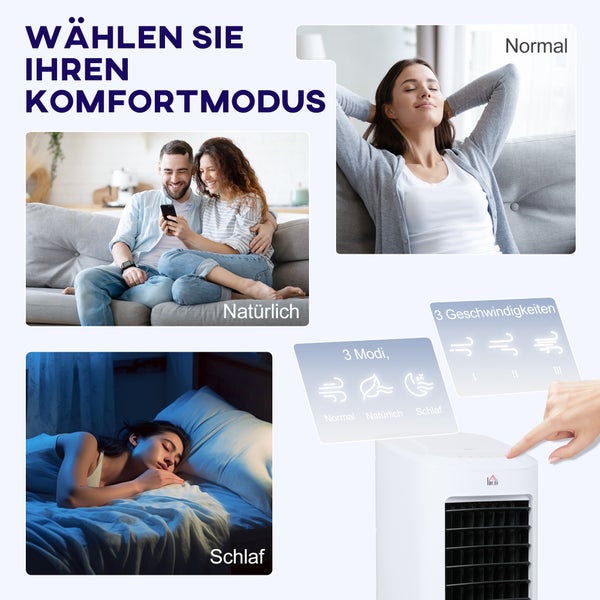 HOMCOM 3 in 1 Mobile Klimaanlage mit Luftbefeuchtung Wasserkühlung, Auto-Oszillierendes 7L Klimagerät mit 7,5h Timer, 3 Geschwindigkeiten 65W Luftkühler mit Fernbedienung, für 20 ㎡ Weiß