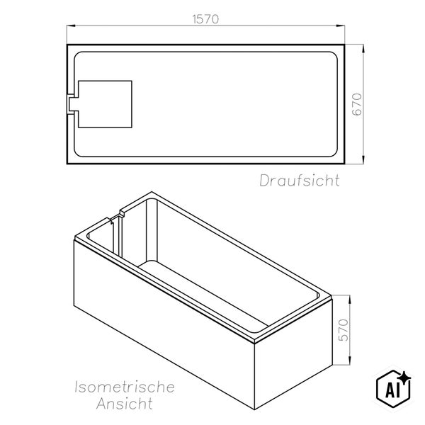 Technische Zeichnung einer rechteckigen Badewanne mit Maßen von 1570 mal 670 mal 570 Millimeter in Draufsicht und isometrischer Ansicht