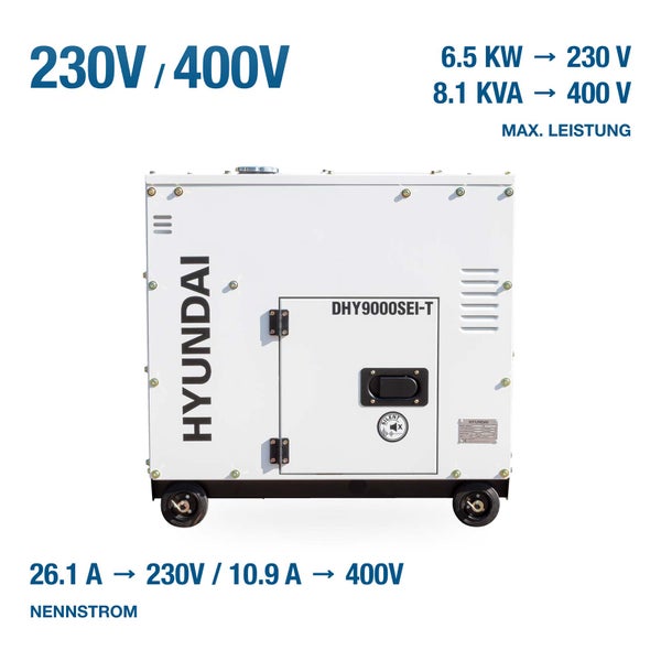 Hyundai Stromerzeuger DHY9000SEI-T mit 230 Volt und 400 Volt Ausgangsspannung und technischer Leistungsbeschreibung.