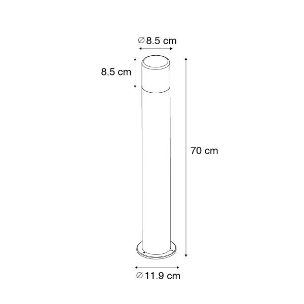 Pollerleuchte mit Maßen: Gesamthöhe 70 Zentimeter, Durchmesser oben 8,5 Zentimeter und Fußdurchmesser 11,9 Zentimeter.