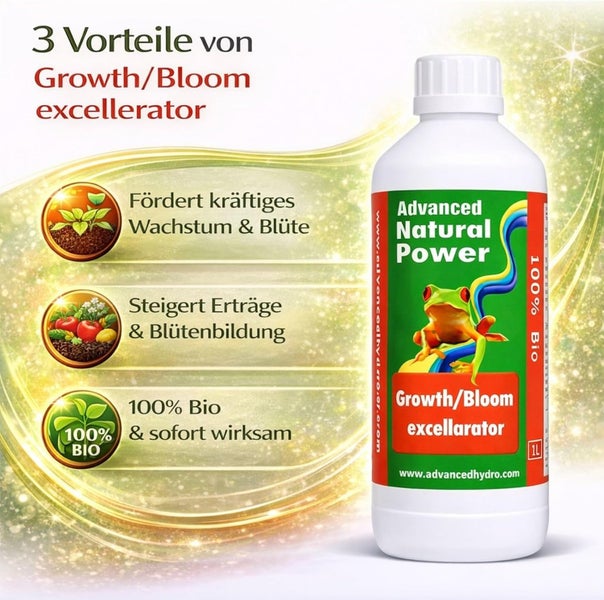 Pflanzenhilfsmittel Advanced Natural Power Growth Bloom excellarator in der 1 Liter Flasche für kräftiges Wachstum und 100 Prozent Bio Qualität.