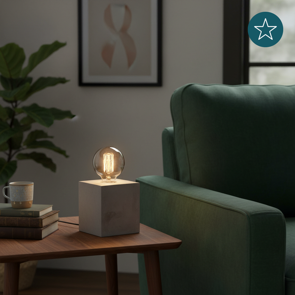Dekorative Tischleuchte mit Betonfuß und Glühbirne auf einem Beistelltisch neben einem grünen Sessel.