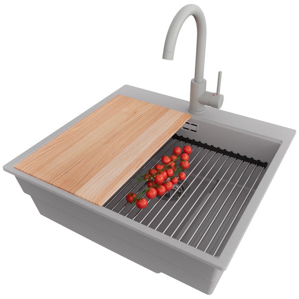 Küchenspüle mit Schneidebrett, Abtropfgitter und Armatur