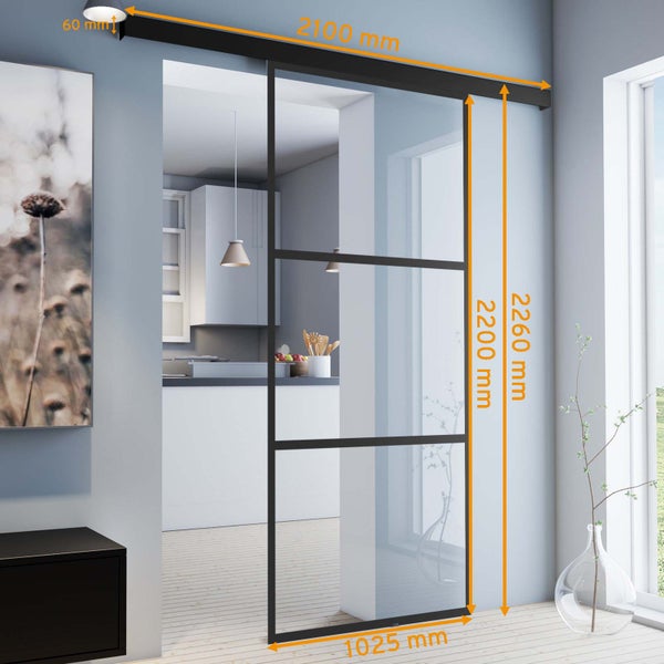 Schiebetür Glas Komplettset Tür Glasschiebetür gerahmt schwarz klarglas 1025x2200 Nischentür  -  ohne SoftClose