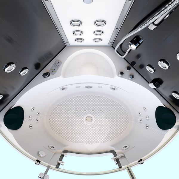 Dampfduschkabine mit Whirlpool-Funktion, Innenansicht mit Massagedüsen, Handbrause und rutschfestem Boden in modernem Design.