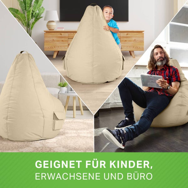 Green Bean 2er Set Sitzsack + Hocker - fertig befüllt - robust waschbar schmutzabweisend - Kinder & Erwachsene Bean Bag Bodenkissen Lounge Sitzhocker Relax-Sessel Gamer Gamingstuhl Pouf - Beige
