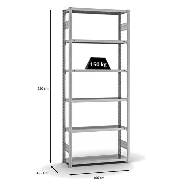 PROREGAL Fachbodenregal Stecksystem T-Profil Light-Duty Grundregal HxBxT 250 x 100 x 30 cm 6 Ebenen Fachlast 150 kg Beidseitig Nutzbar Verzinkt