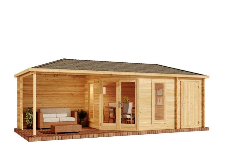 Alpholz 5-Eck Gartenhaus Liwa mit Anbau aus Holz in Imprägnierung Pinie mit 28mm Wandstärke und Überdachter Terasse