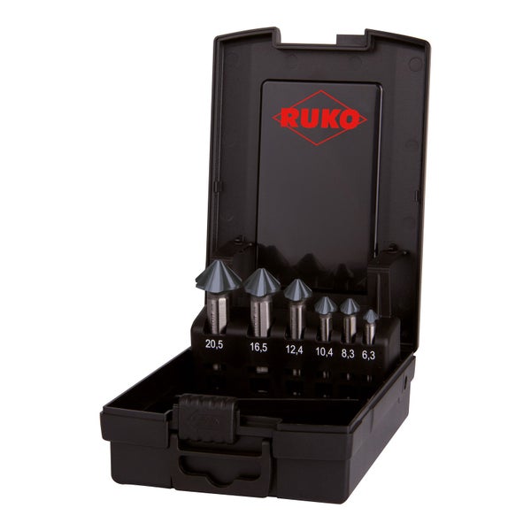 Ruko Kegelsenker-Satz 6-teilig in schwarzer Kunststoffkassette, Größen 6,3 bis 20,5 Millimeter.