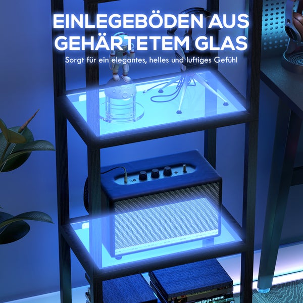 Regal mit Einlegeböden aus gehärtetem Glas und LED-Beleuchtung, dekoriert mit einem Lautsprecher und Kopfhörern.