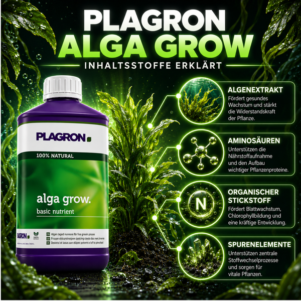 Plagron Alga Grow Pflanzendünger Flasche mit Erläuterung der Inhaltsstoffe Algenextrakt Aminosäuren organischer Stickstoff und Spurenelemente