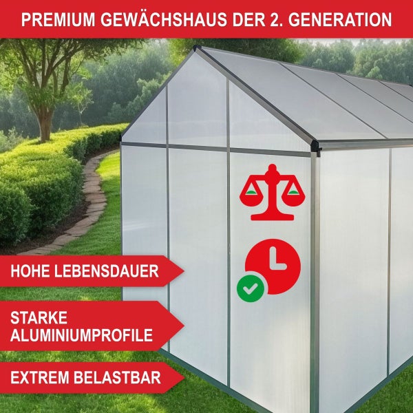 Premium Gewächshaus der zweiten Generation mit starken Aluminiumprofilen, hoher Lebensdauer und extremer Belastbarkeit in einem Garten.