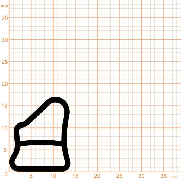 Querschnitt eines schwarzen Dichtungsprofils auf Millimeterpapier. Das Profil ist circa 18 Millimeter hoch und 13 Millimeter breit.