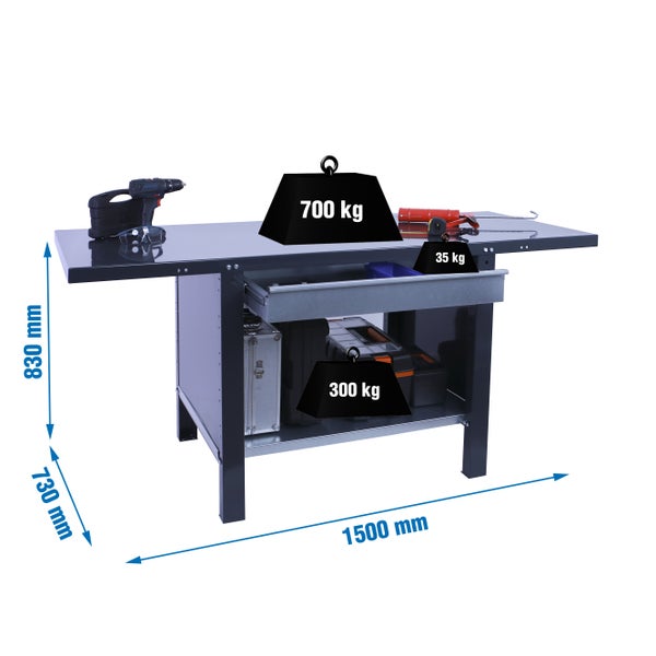 Werkbank BUFFALO METAL mit 1x Schublade | HxBxT 83x150x73cm | Traglast 700kg | Anthrazit