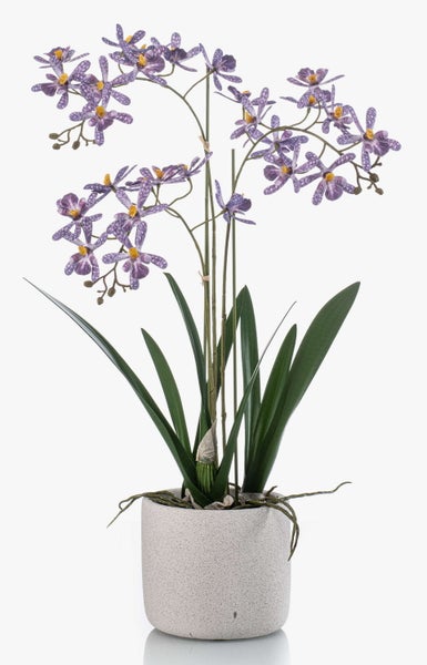 Künstliche Orchidee mit lila gemusterten Blütenblättern und gelber Mitte an grünen Stielen.