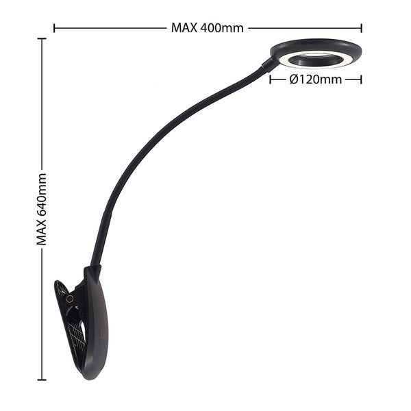 LED-Klemmleuchte mit flexiblem Arm: maximale Höhe 640 Millimeter, maximale Breite 400 Millimeter, Lampenkopf-Durchmesser 120 Millimeter.