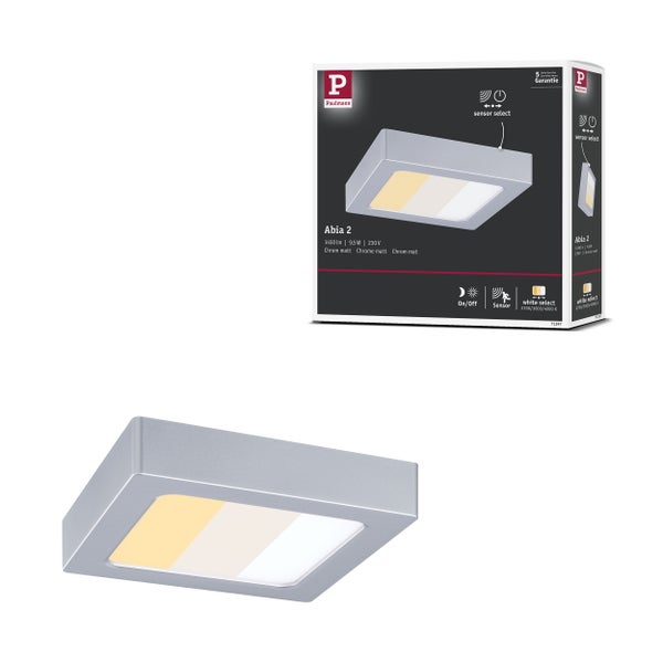 Paulmann Abia 2 LED Deckenleuchte mit Sensor und Farbtemperatursteuerung, Chrom matt, Produktverpackung