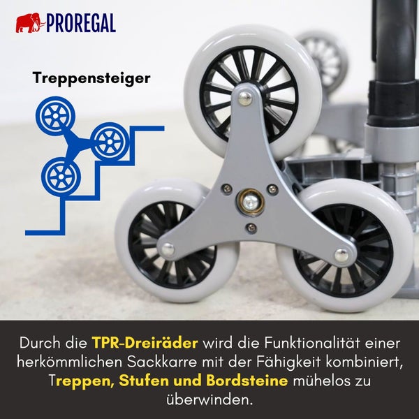 PROREGAL Klappbare Treppensackkarre ELEPHANT HxBxT 110x45x48cm Traglast 70kg Aluminiumrahmen ergonomische Griffe TRR Fachgummiräder Silber Treppensteiger Sackkarre