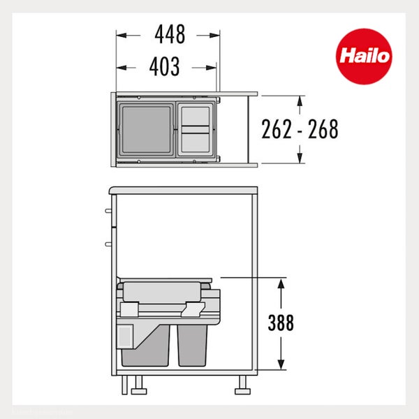 Maßzeichnung für Hailo Einbau-Abfallsammler mit Maßangaben 448, 403, 388 und 262 bis 268 Millimeter. Hailo Logo.