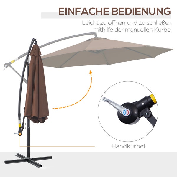 Outsunny Sonnenschirm Ampelschirm Kurbelschirm mit Handkurbel Rund, Stahlbogenstäbe und Stahl-Stehstäbe, Polyestergewebe, Kaffee, Ø3 x 2,5H m