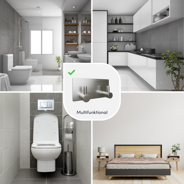 Multifunktionaler Doppel-Haken aus Edelstahl für verschiedene Bereiche wie Badezimmer, Küche, Toilette und Schlafzimmer.