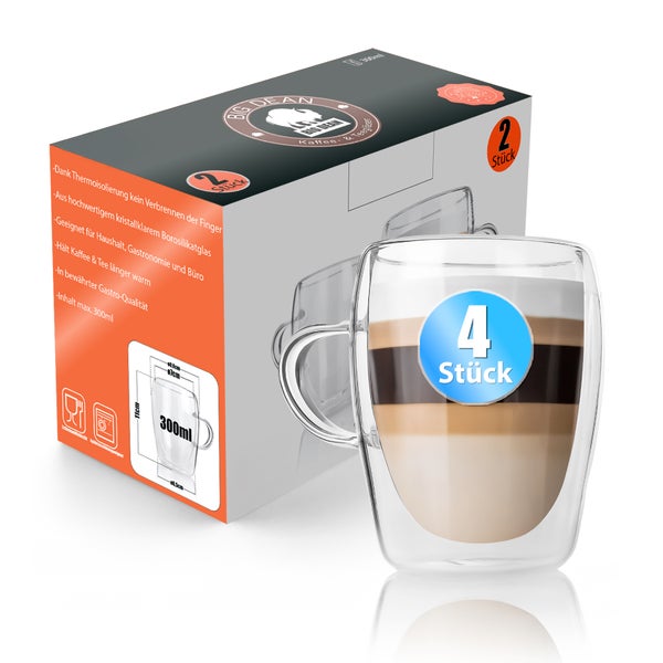 Big Dean Set mit 4 doppelwandigen Kaffeegläsern aus Borosilikatglas mit 300 Milliliter Fassungsvermögen.
