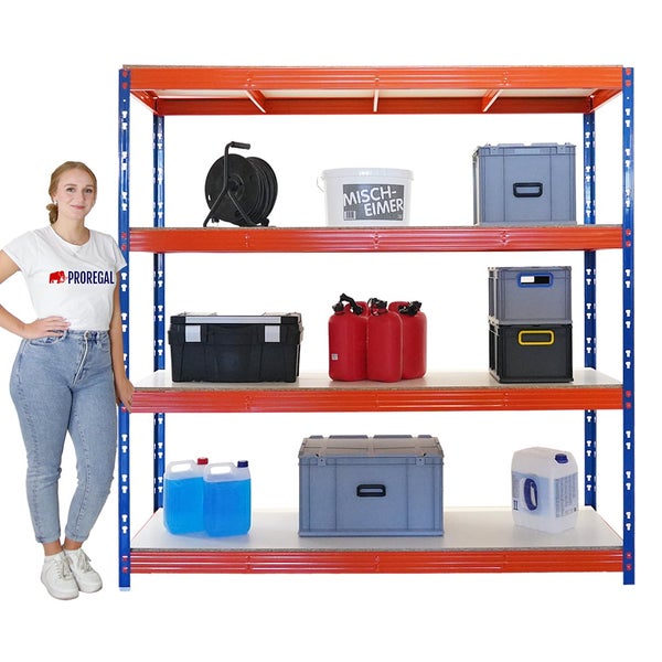 PROREGAL Mega Deal 5x Profi Schwerlastregal Rhino HxBxT 200x200x60cm 4 Melamin-Ebenen 16mm Fachlast 500kg Blau-Orange