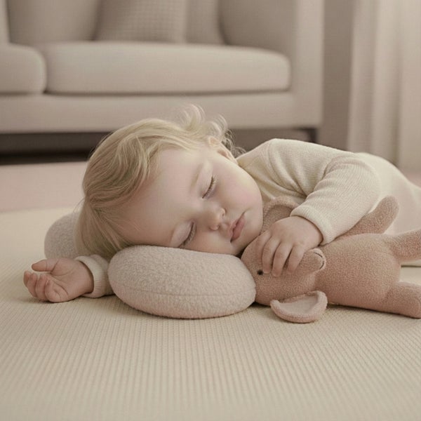 Schlafendes Baby auf einer strukturierten neutralen Bodenmatte, Kopf auf einem weichen Kissen und ein Kuscheltier haltend in einem hellen Raum.