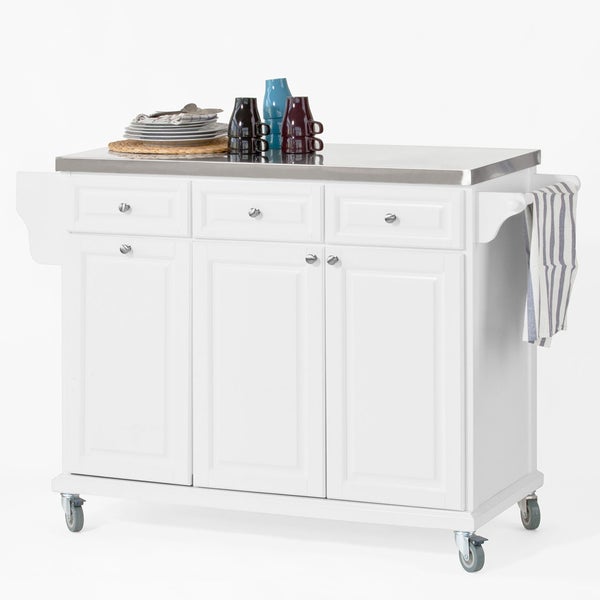 Weißer Küchenwagen mit Schubladen, Schränken, Rollen und Edelstahlarbeitsplatte