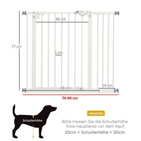 PawHut Türschutzgitter Hunde, Absperrgitter, 74-94 cm, Treppenschutzgitter für Haustier, Hundegitter inkl. Verlängerung, Schutzgitter ohne Bohren, Metall, Kunststoff, Weiß