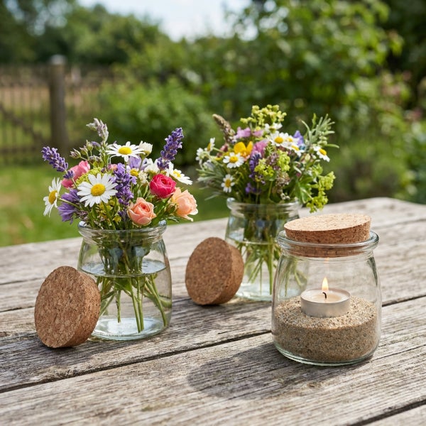 Drei Einmachgläser mit Korkdeckeln auf einem Holztisch, dekoriert mit Wildblumensträußen und einem brennenden Teelicht im Sand.