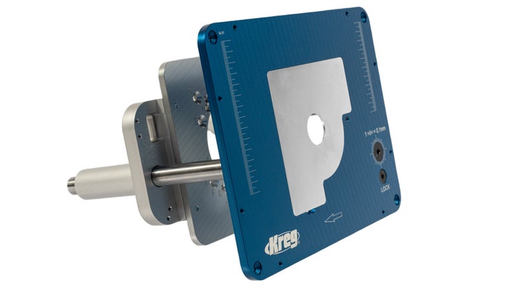 Kreg Präzisions Oberfräsenlift aus Aluminium mit Skala in Millimeter, Verriegelungsmechanismus und Kreg Logo.