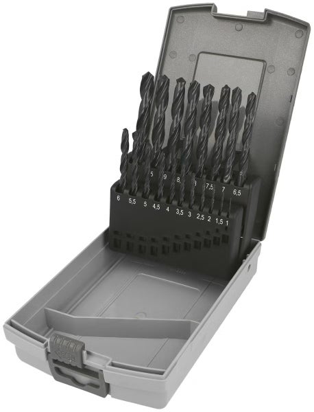 HSS-G Metallbohrer-Set in Kunststoffkassette, neunzehnteilig, Größen eins bis zehn Millimeter.