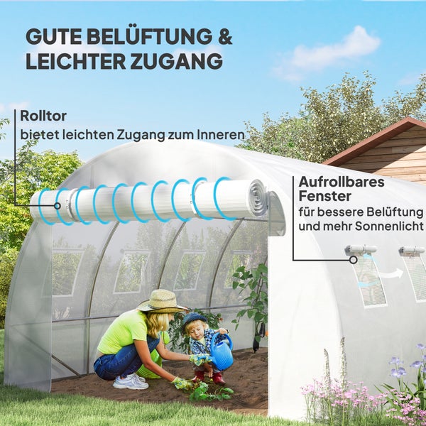 Weißes Folien-Gewächshaus mit aufrollbarer Tür und Fenstern für Belüftung, eine Frau und ein Kind gärtnern im hellen Inneren.