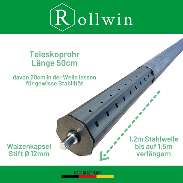 Rollwin Rolladenwelle SW60 - 1,2m mit Teleskoprohr 50cm für Rolladen Verlängerung für Rollladen bis 1,5m Breite Stahlwelle Rolladenhalterung Rolladen Stange Achtkantstahlwelle Rollladen Welle