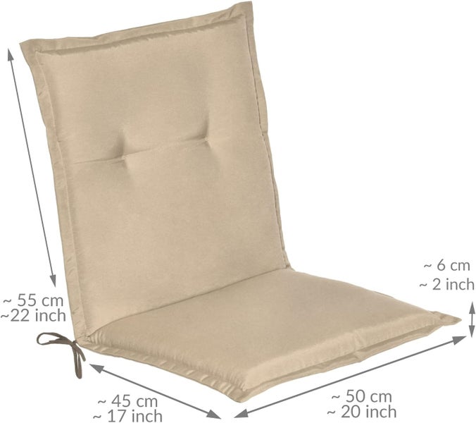 Gartenstuhl-Auflage für Hochlehner in Beige mit Maßen circa 50 mal 100 mal 6 Zentimeter und Haltebändern.