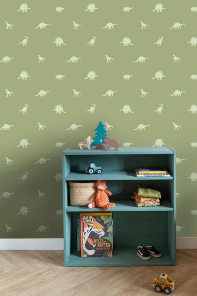 Kinderzimmer mit Regal, Spielzeug und Dinosaurier Tapete