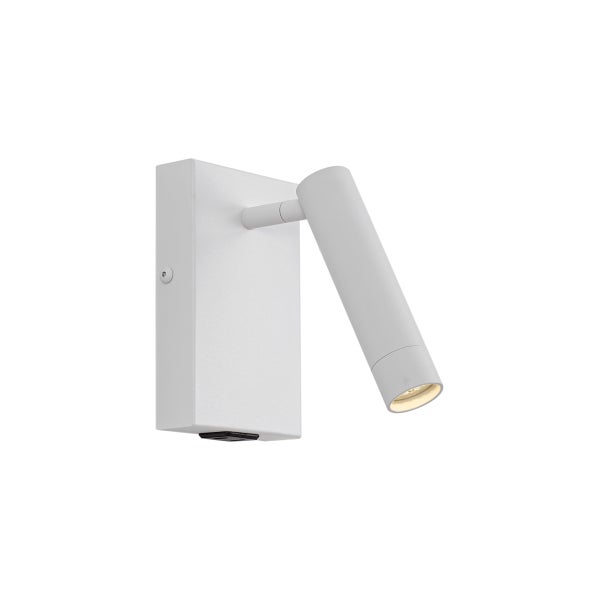 Weiße Wandleuchte mit verstellbarem, zylindrischem Spot und rechteckigem Gehäuse.