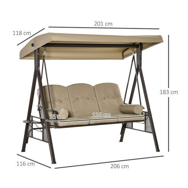 Outsunny Hollywoodschaukel, 3-Sitzer Gartenschaukel mit Sonnendach Kissen, 116 x 206 x 183 cm, Metall, Polyester, Khaki