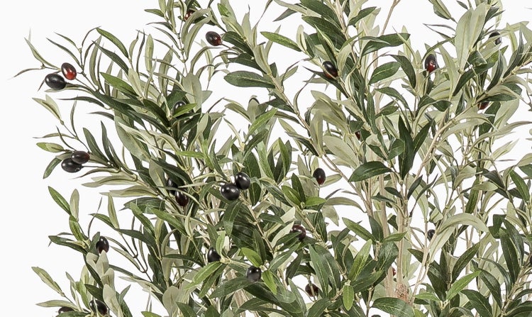 Künstlicher Olivenbaum mit strukturiertem Stamm, grünen Blättern und dunklen Oliven.