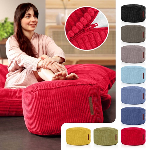 Green Bean Pouf-Kissen 45x25cm mit EPS-Perlen Füllung & Cordstoff Bodenkissen Liegekissen Sitzkissen Sitzhocker Sessel Kinder Erwachsene Stoff Hocker Ablage Rot