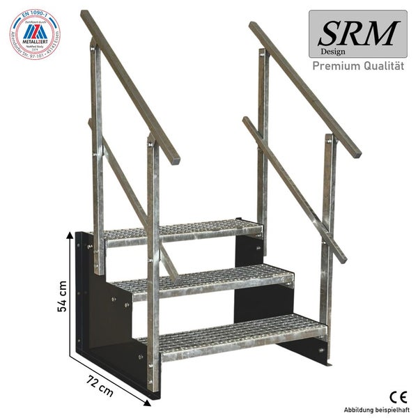 Feuerverzinkte Außentreppe, drei Gitterroststufen, 54 Zentimeter Höhe, 72 Zentimeter Tiefe, beidseitiges Geländer, SRM Design Logo, CE Kennzeichnung.