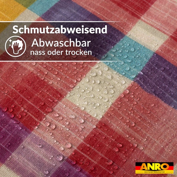 Karierter Stoff, schmutzabweisend und nass oder trocken abwaschbar mit Wassertropfen und ANRO Logo.