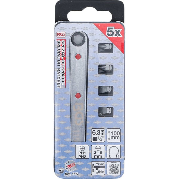 BGS Special Bit Ratchet Set mit fünf Teilen in Verpackung
